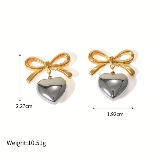Set of 2 💛 Two-tone Bow Heart Earring Chain Link Bracelet Dual Tone Plated Steel - Picture 6 of 10